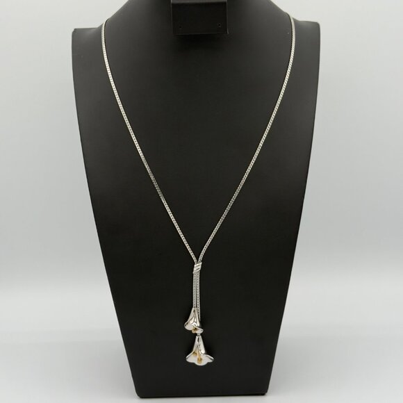 Vintage Avon Silver Tone Lariat Tassel Necklace Lily Flower - Picture 2 of 11